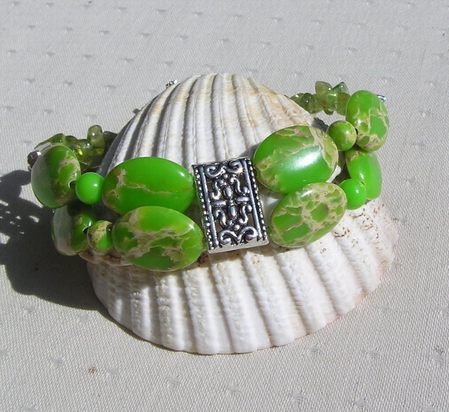 Green Sea Sediment Jasper & Peridot Gemstone Beaded Chakra Bracelet "Gigha"