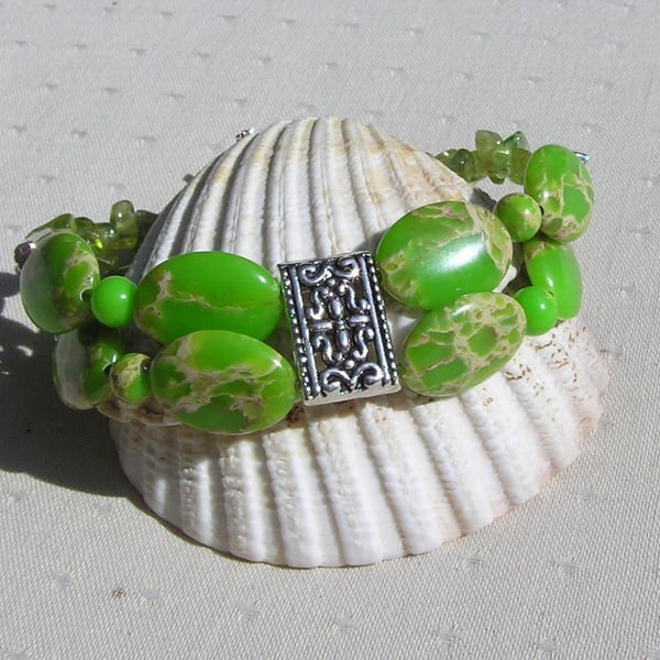 Green Sea Sediment Jasper & Peridot Gemstone Beaded Chakra Bracelet "Gigha"