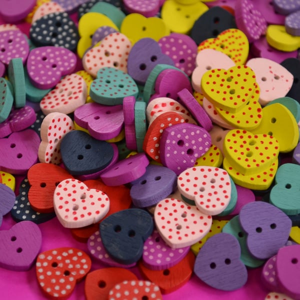 Little Wooden Dotty Heart Buttons Mixed 10pk Spotty Dot Colourful 13x15mm (WH1)