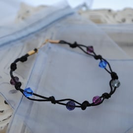 Swarovski crystal & black cord bracelet, blue, sapphire, purple, fuchsia