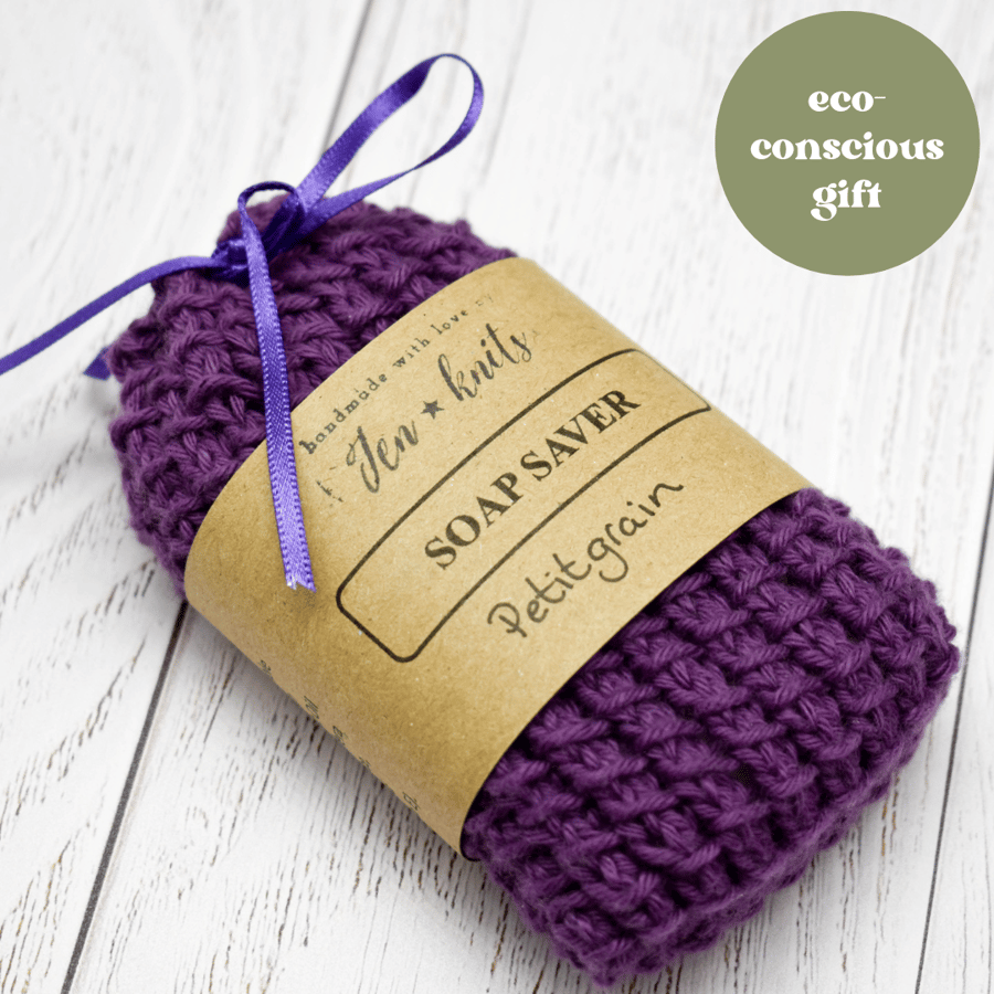 Hand knitted cotton soap saver - Purple - with Petitgrain soap