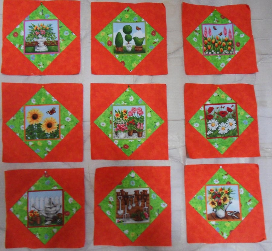 Homemade 9 orange springtime quilt blocks. 6 half inch square. 100% cotton