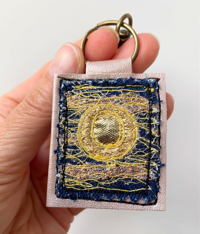 Up-cycled golden denim Sun key ring or bag charm