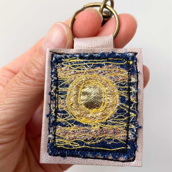 Up-cycled golden denim Sun key ring or bag charm