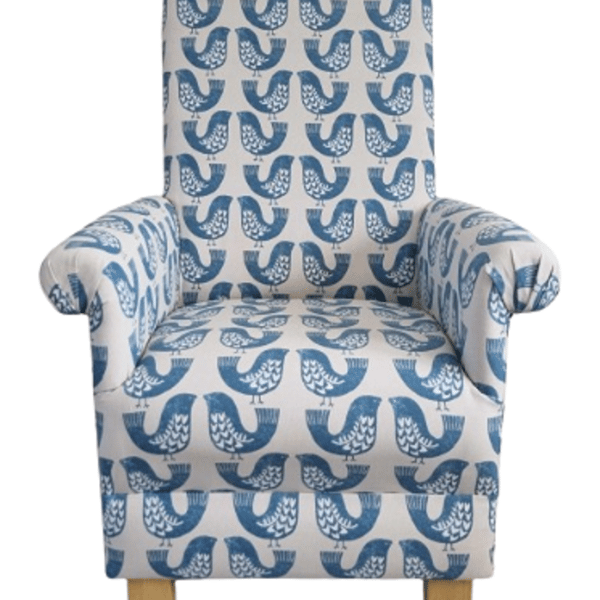 Blue White Scandi Birds Fabric Adult Armchair Chair Accent Nursery Bedroom
