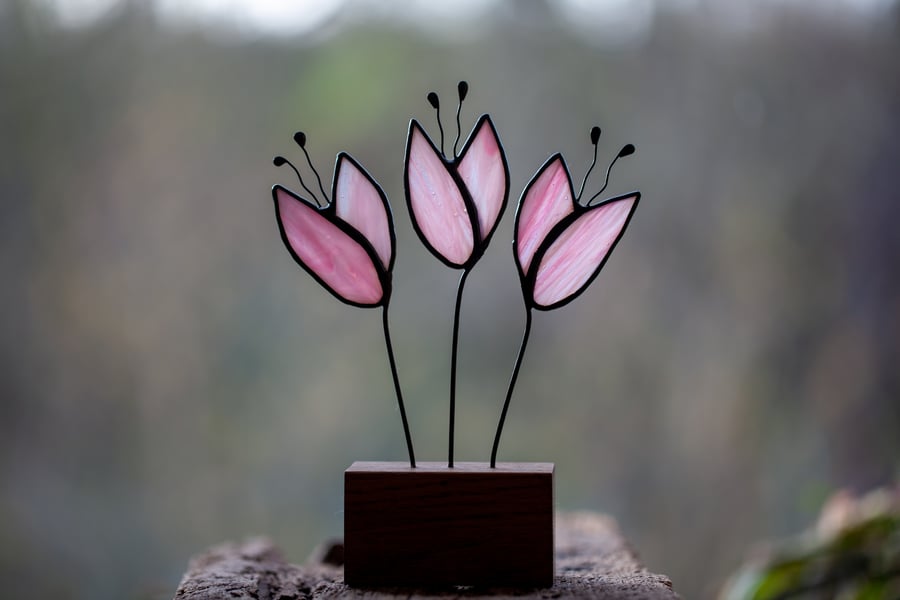 Stained Glass Flowers Pink Suncatcher Free Standing Ornament