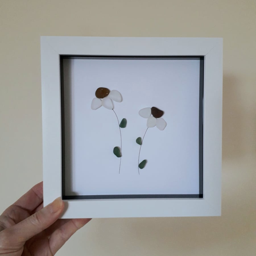 Seaham Sea Glass Art Framed 7 x 7 inches, Glass Daisies, April Birth Flower