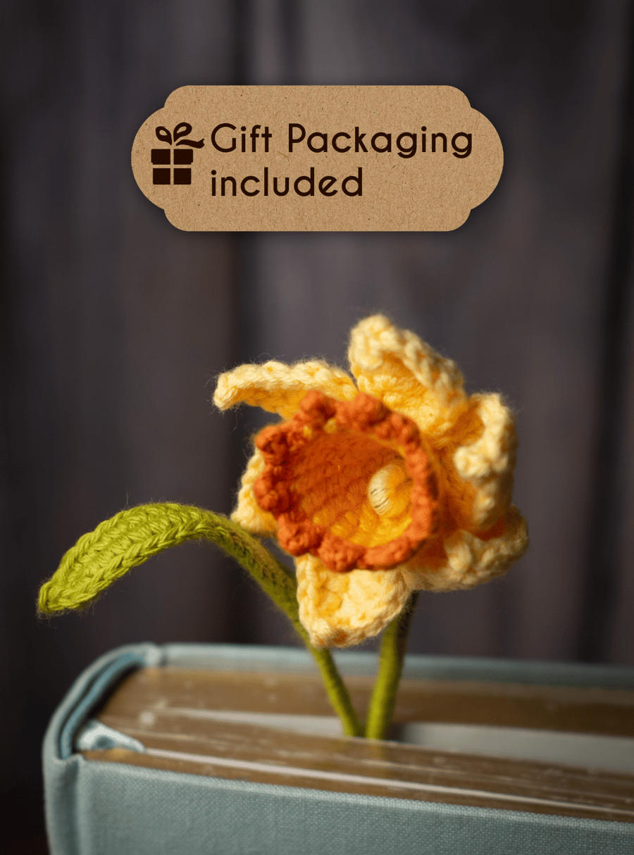 Yellow Daffodil Crochet Bookmark with Gift Packaging