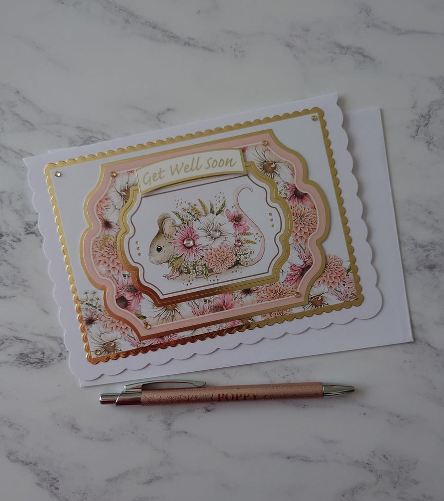 Get Well Soon Mouse Flowers 3D Luxury Handmade Card