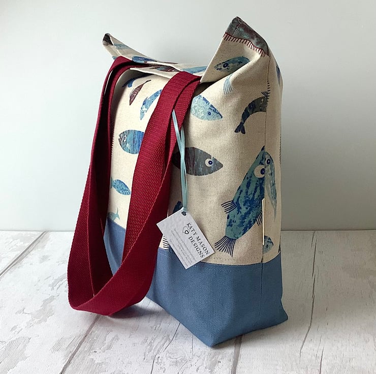 Blue Denim Fish Tote - Long Handles - Folksy