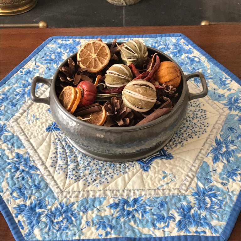 Summer Palace kaleidoscopic quilted table topper blue white silver small