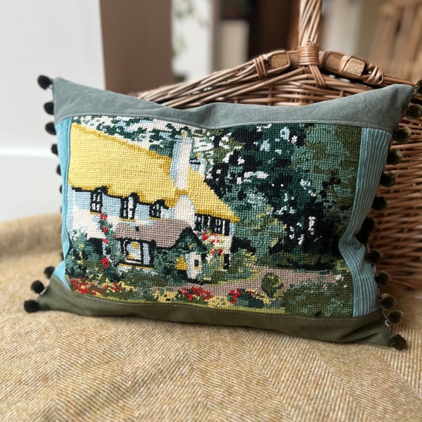 Country Cottage tapestry cushion cover with pompoms