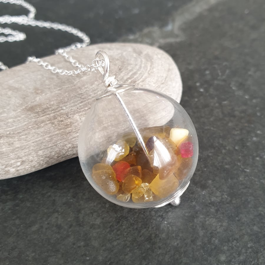 Glass globe necklace with yellow and orange sea glass, Gift for beach lover