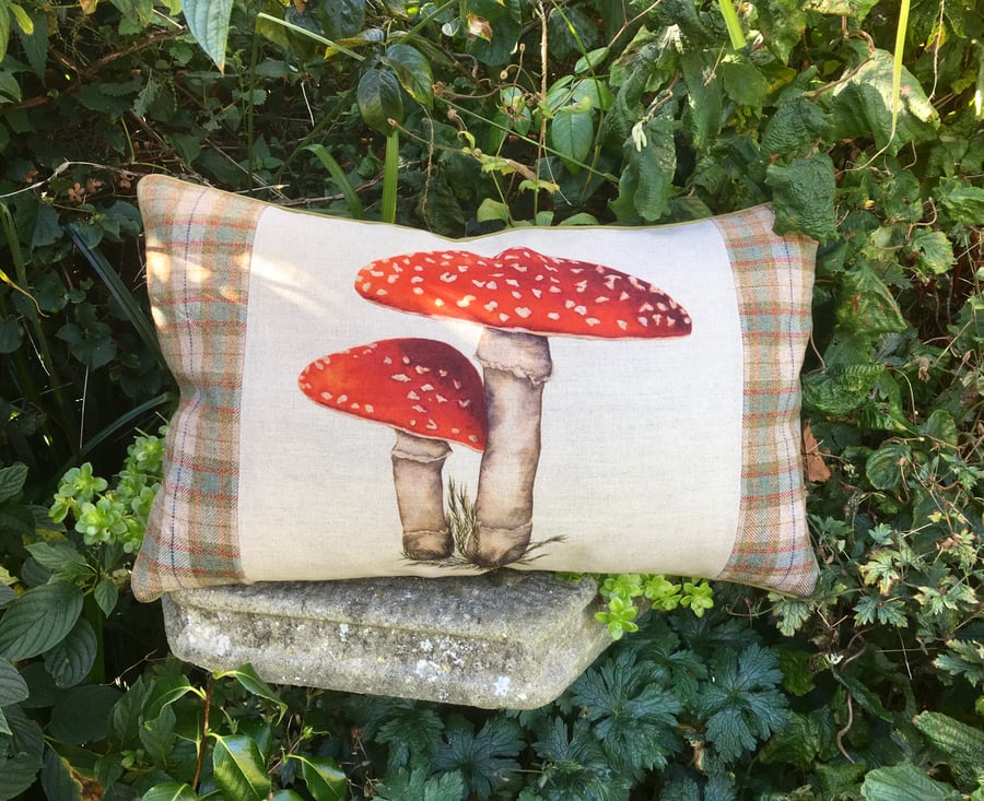 Toadstool cushion. Toadstool pillow in linen and wool tartan.Free UK P&P. 