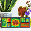 Boho home decor. Elephant triptych in teal and orange.