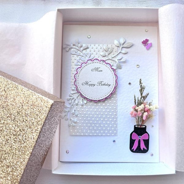 Personalized Dried Flower Birthday Card: Handmade Box Card C623