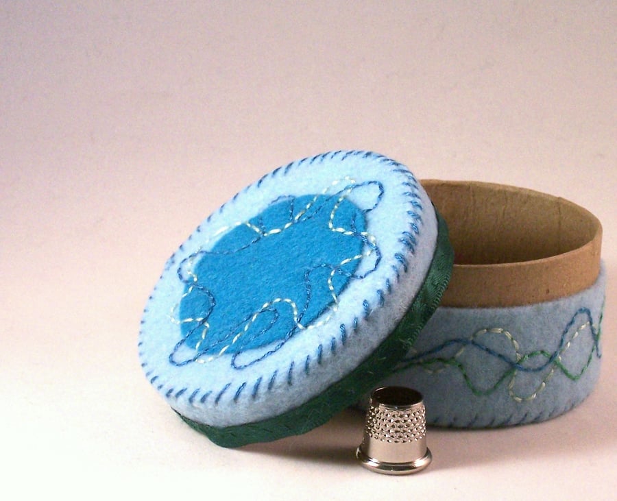 Hand embroidered small box in turquoise and blue