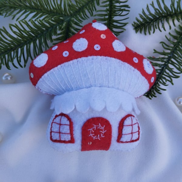Handmade Felt Mushroom House  Red Christmas Ornament 