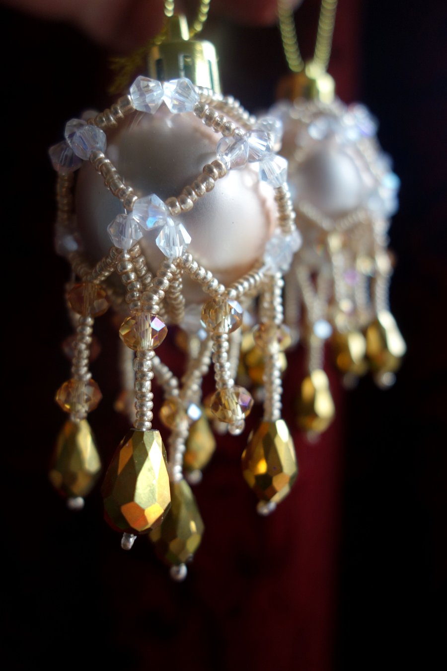2 x Champagne and Gold  Crystal Victoriana Baubles