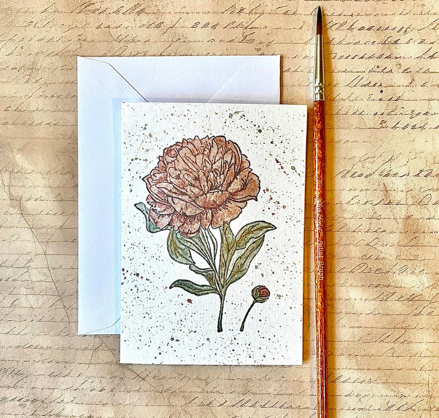 Metallic Watercolour Peony Card – Hand Stamped, and painted blank card. 
