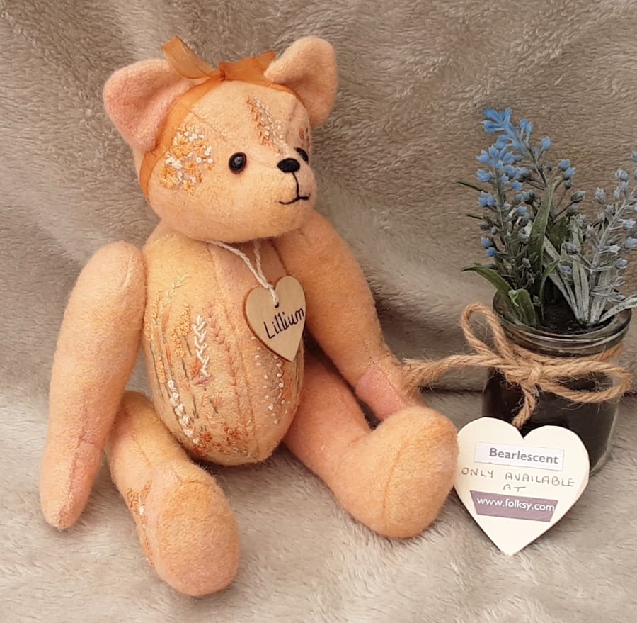 Hand Embroidered Artist Bear, Hand dyed Alpaca Unique collectable Teddy Bear