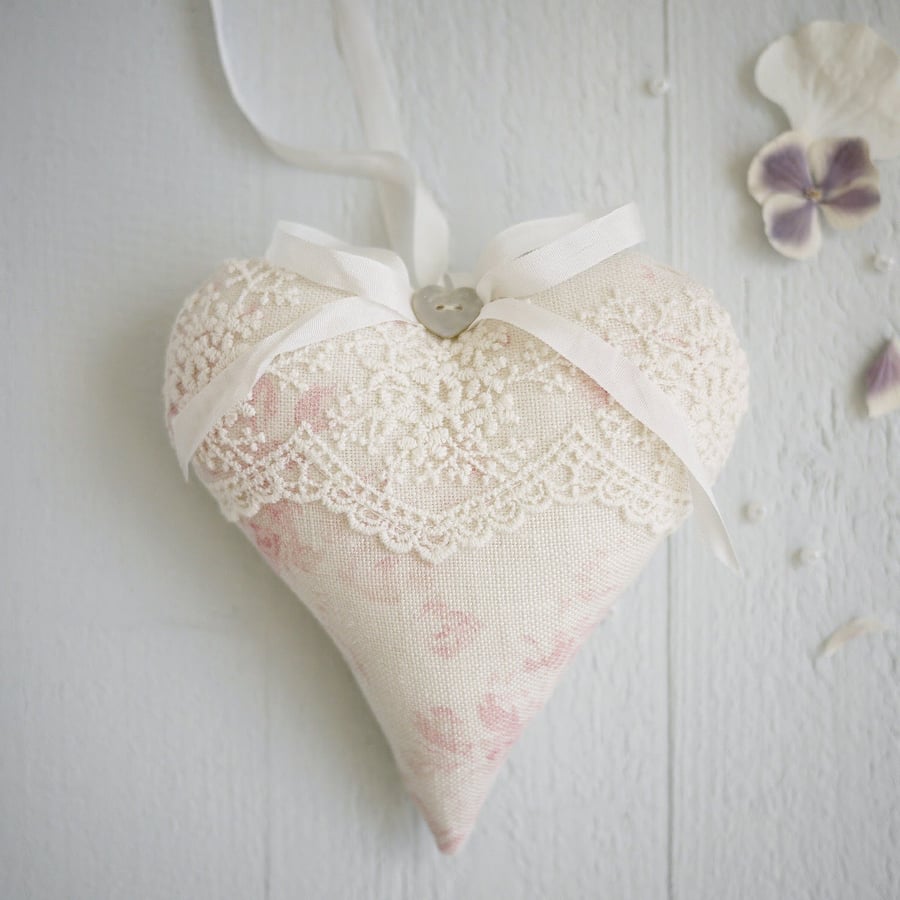 personalised pink lace heart, linen anniversary gift, personalised linen gifts