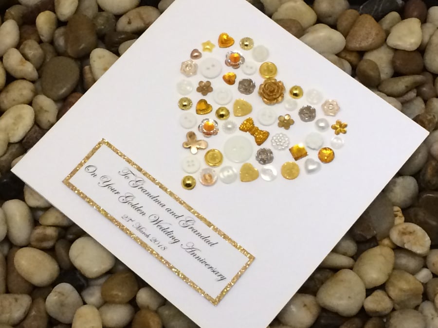 Personalised 50th Golden Wedding Anniversary Card, Handmade Card, Button Card