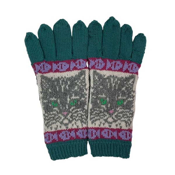  Gloves with cat hand knitted in merino wool, handmade gloves, cat lover gift
