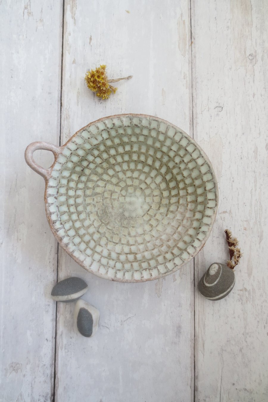 TRINKET DISH hand-built stoneware pottery tealight dish in matt white-green