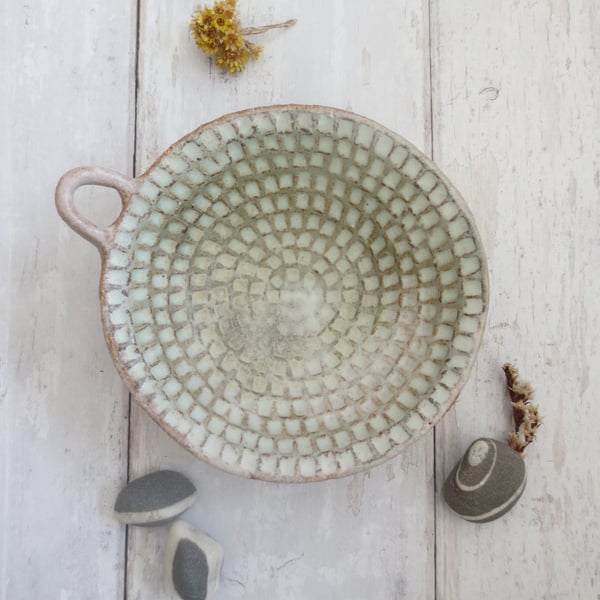 TRINKET DISH hand-built stoneware pottery tealight dish in matt white-green