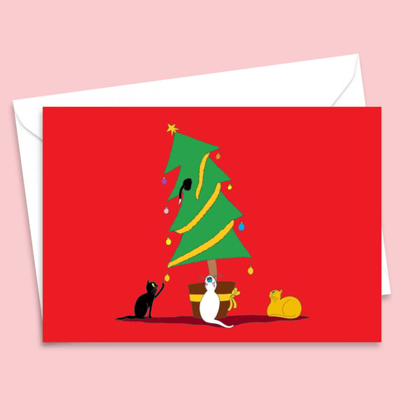 Cute Cat Christmas Card and Envelope With Festive Kittens First Xmas Tree