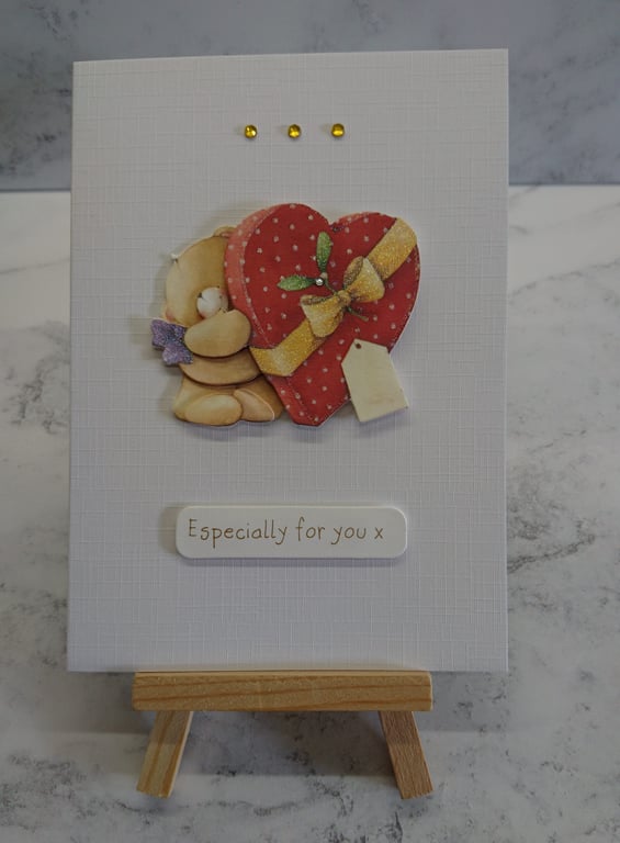 Handmade Christmas Card Merry Christmas Teddy Bear Present on Linen