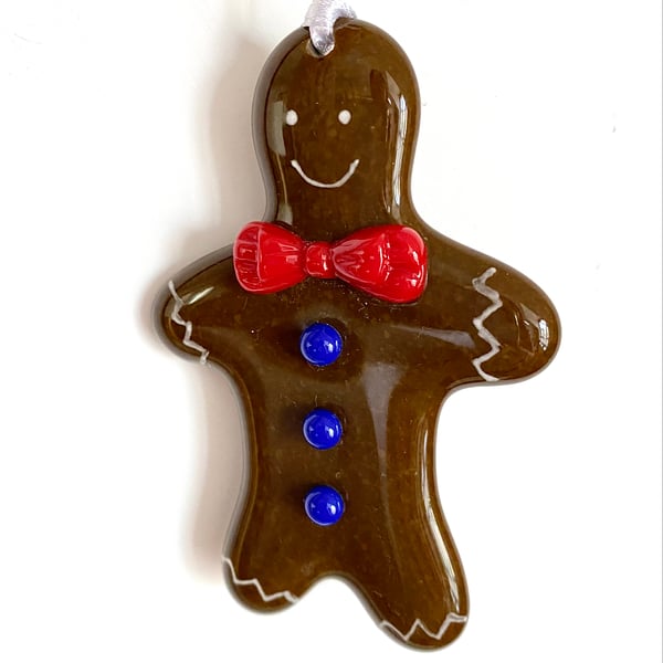 Medium Glass Gingerbread Man Hanging Decoration - Red Bow