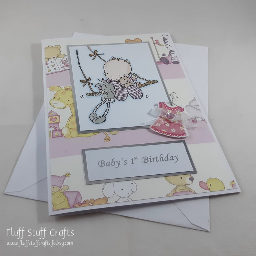 Handmade baby's first birthday card - on the swing