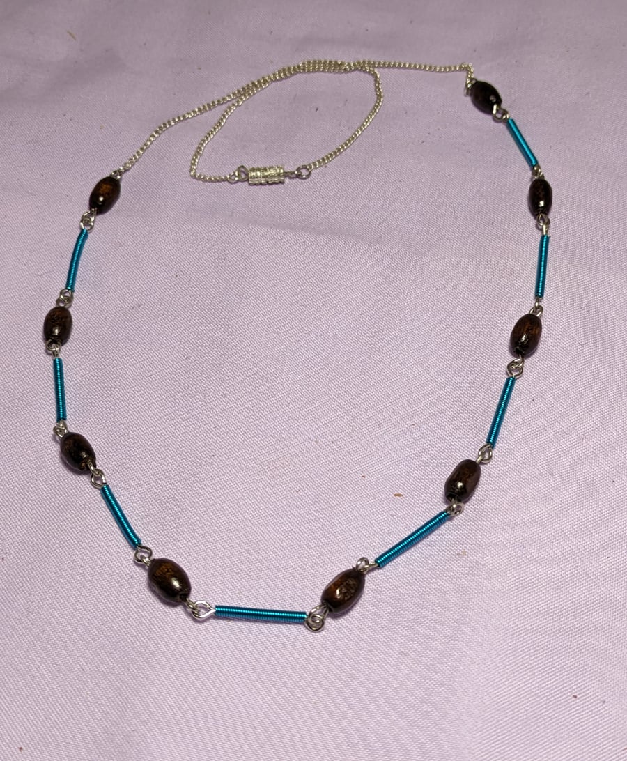 Wood and blue wire coil necklace
