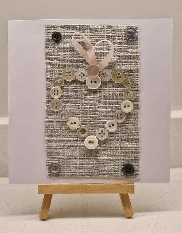 Handmade card love heart neutral buttons pink ribbon 