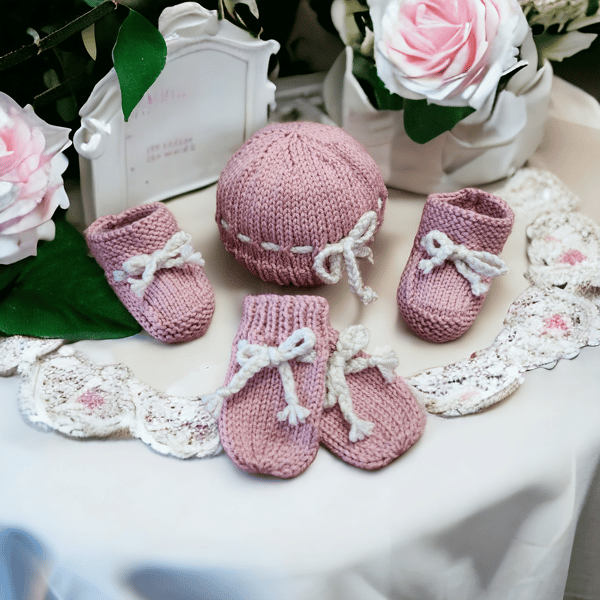 Hand knitted 3 piece newborn baby gift set booties mittens and hat
