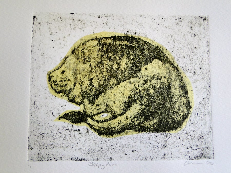 Sleepy Lion One-Off Hand Pulled Collagraph Print with yellow Chine Colle