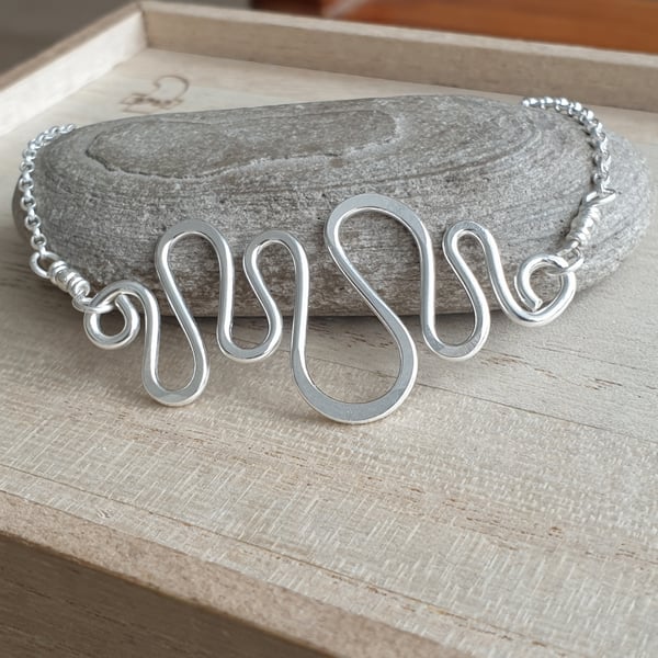 Sterling Silver Wire Wave Bracelet, gift for beach lover
