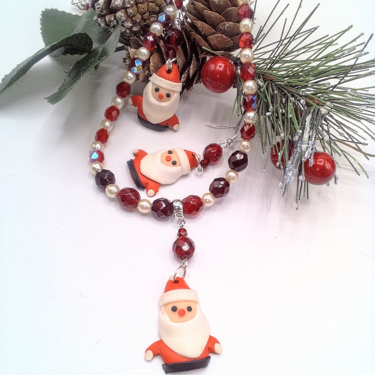 Santa Pendant on a Red Crystal and Cream Pearl Necklace and Earrings, Christmas