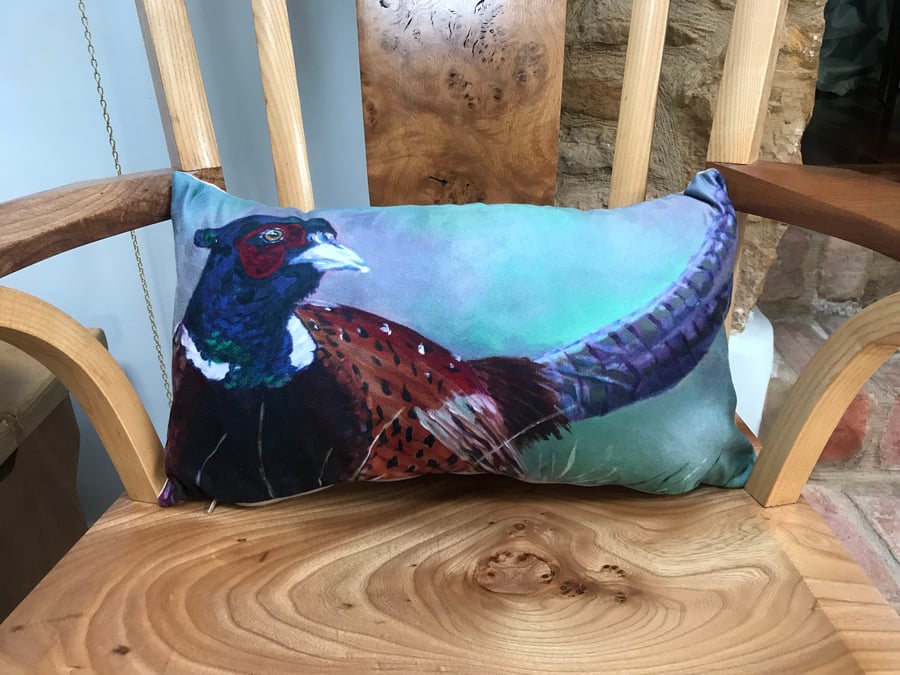 Richly coloured pheasant cushion from a painting by UK artist Janet Bird