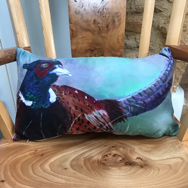 Richly coloured pheasant cushion from a painting by UK artist Janet Bird