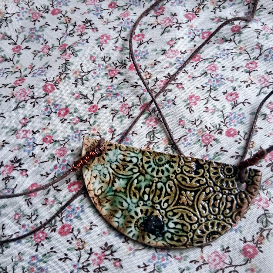 ceramic necklace pendant handmade- green semi circle
