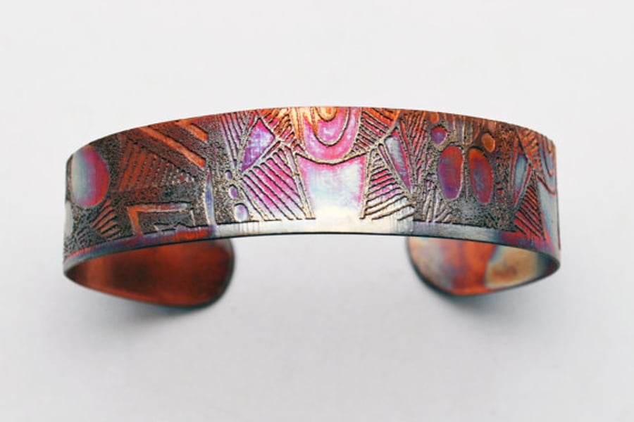 Etched Copper Cuff Bracelet - pattern design - slim size