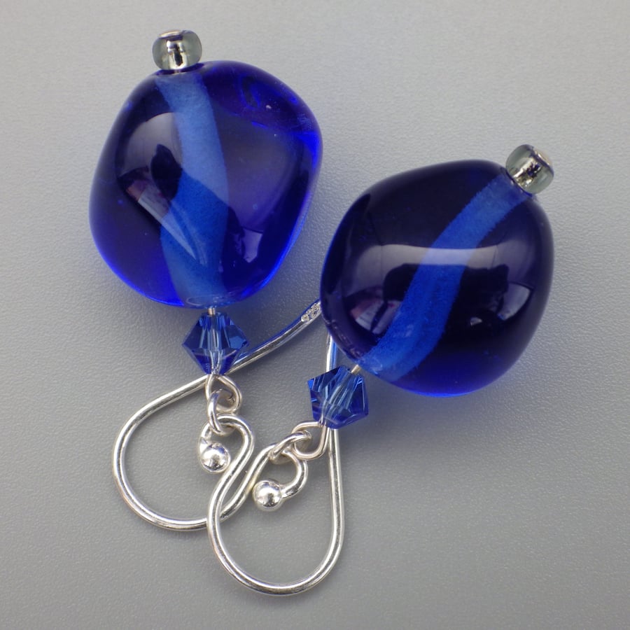 Deep cobalt blue coloured UK lampwork glass bead earrings