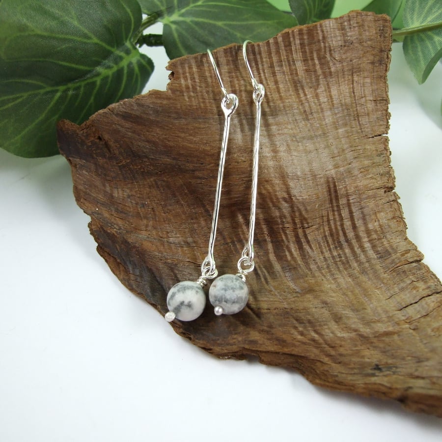 Earrings, Sterling Silver Long Stick and Zebra Jasper Gemstone Droppers