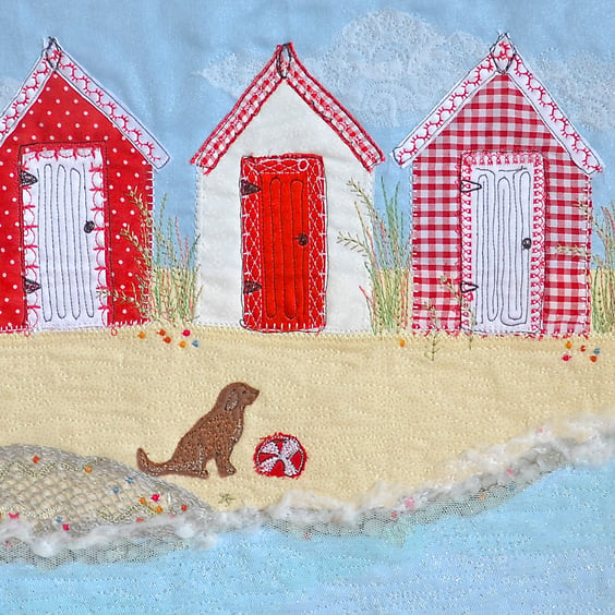 Beach Huts art - textile art of red beach hut picture with dog, seaside
