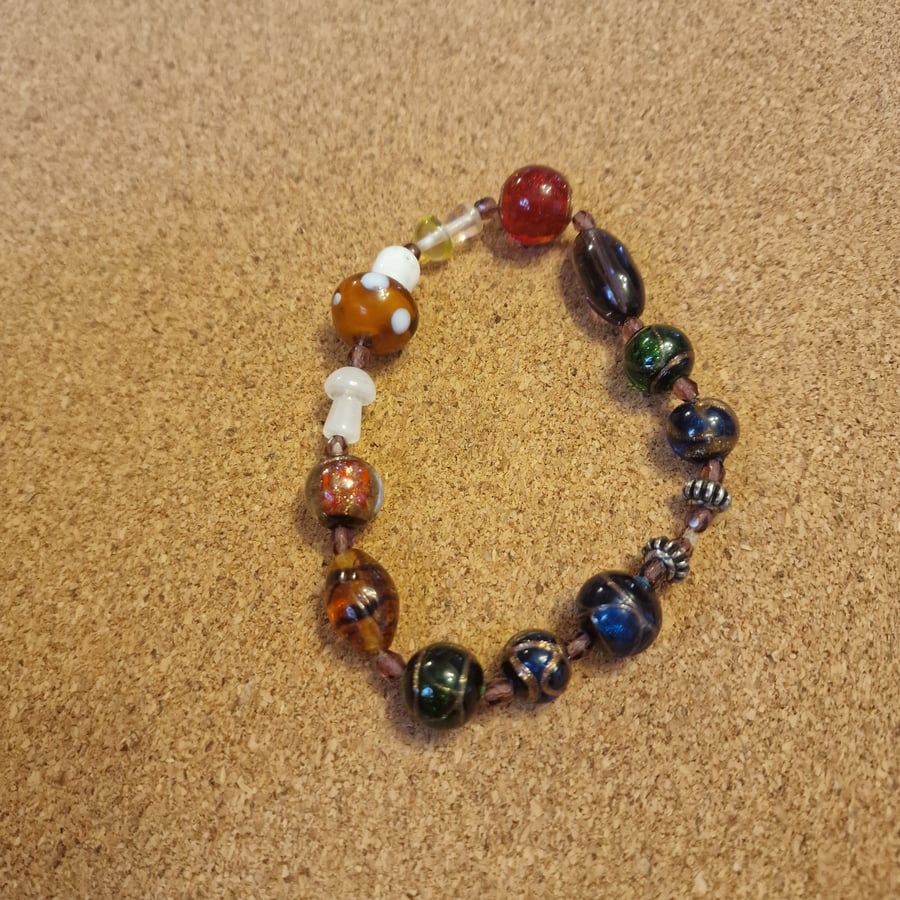 Brown tan lampwork beaded bracelet with mushroom beads large size