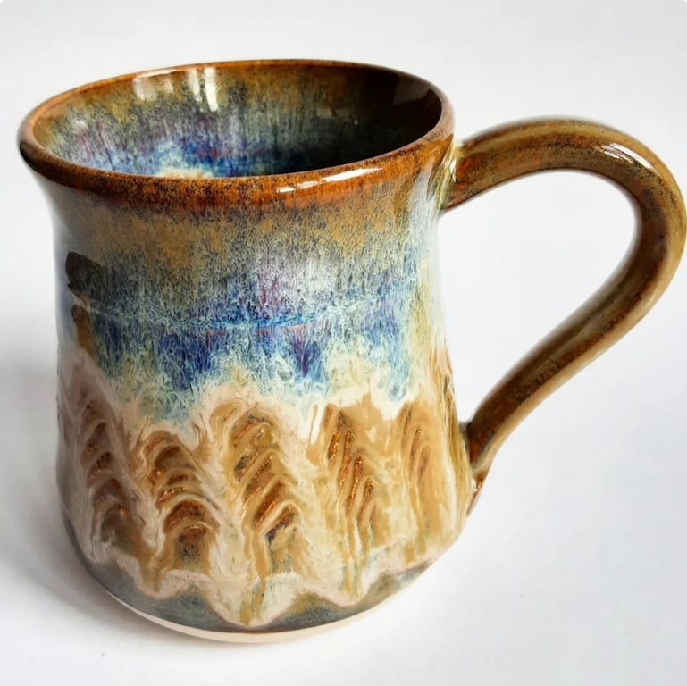 Mug Patterned Brown Blue Glazed  - Hand Thrown Stoneware Ceramic Mug 