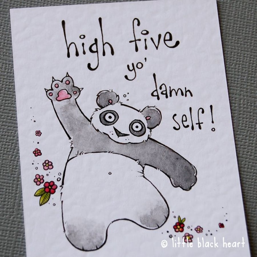 high five panda - original aceo